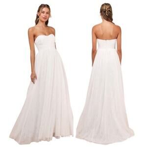 Lulus Blissful Forever White Tulle Lace Strapless Pleated Maxi Dress size S NWT